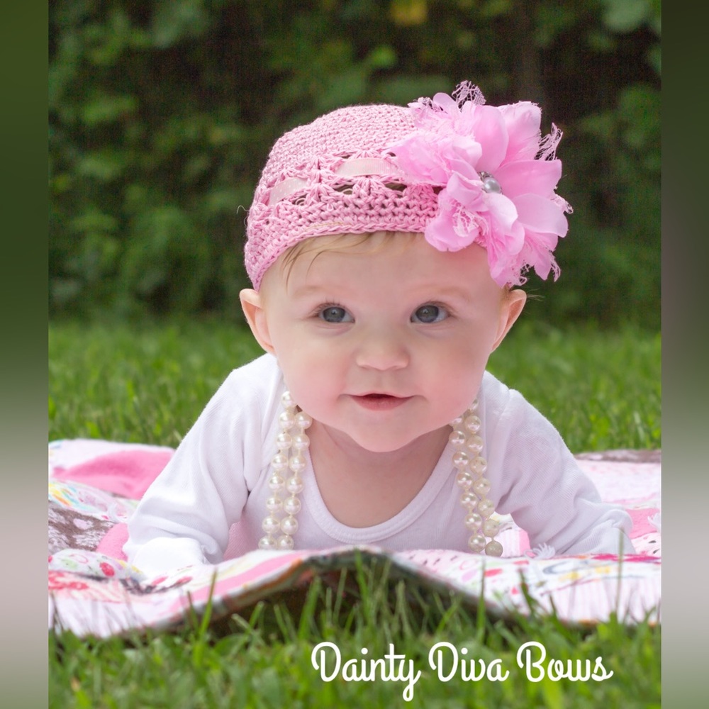 Baby Kufi Crochet/Knit Hat with Removable Flower Clip